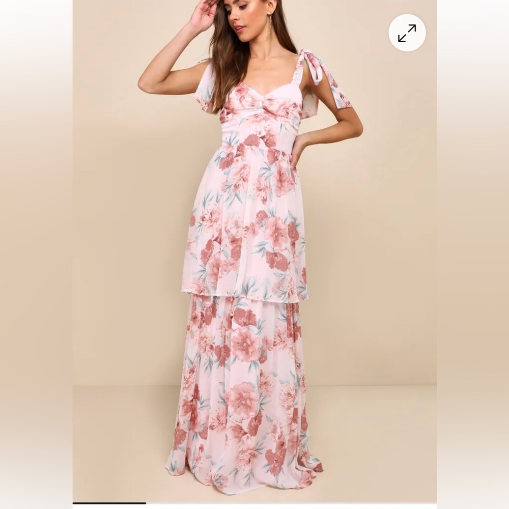 Lulus- Phenomenal Poise Light Pink Floral Tie-Strap Tiered Maxi Dress